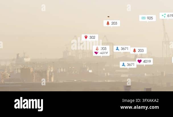 Port skyline and cranes staying while badge icons spawning from right ...