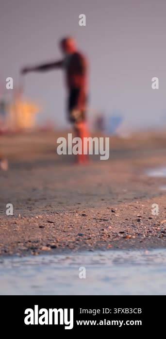Sunset Time Frame A man enjoys time with his dog on the beach. They engage in playful ...