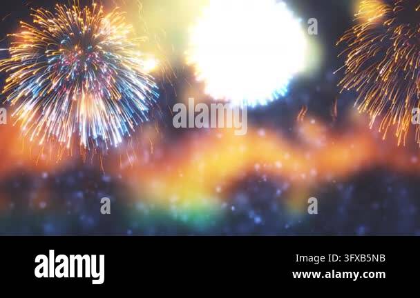 3D Render Explosive golden and white firework bursts against a dark ...