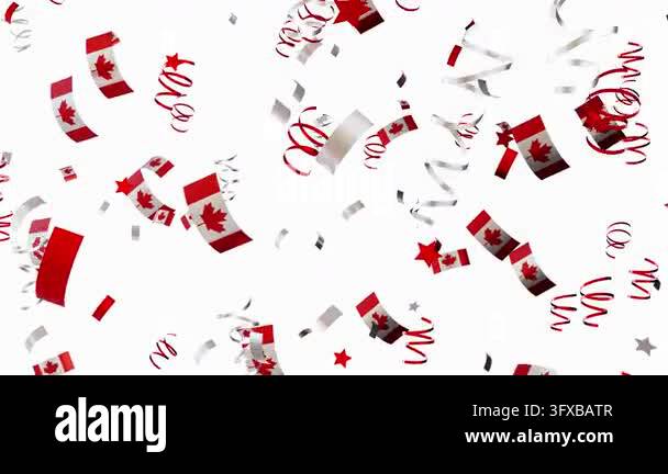 Confetti falls from above, showcasing bright red and white Canadian ...