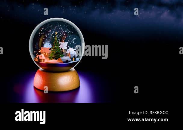Snow Falling 4k Animation Crystal snow globe with a miniature christmas village scene inside ...