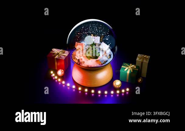 Snow Falling 4k Animation Festive Christmas snow globe with a miniature winter village, a ...