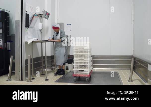Female worker recording the weight of seafood crates. A woman in ...
