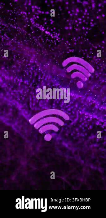 Animation of wifi icons over light spots and network of connections on ...