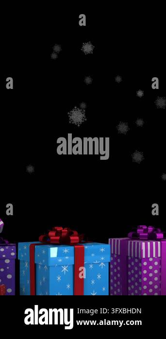 Snow Falling 4k Animation Animation of snow falling over christmas presents on black background ...