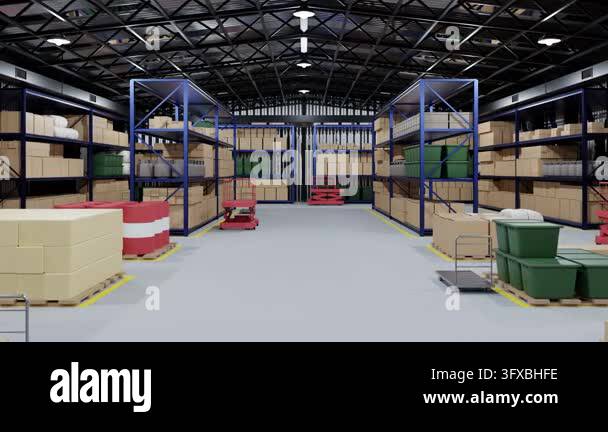 Three Large Warehouse Vector Large warehouse interior showcasing storage racks filled with various ...