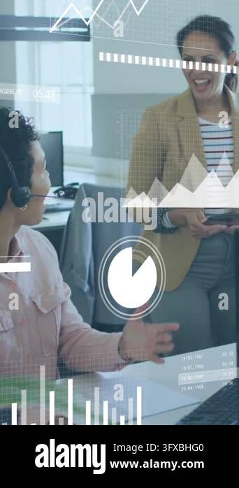 Animation of data processing over diverse business people in office ...