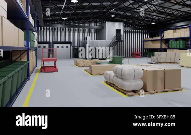 Three Large Warehouse Vector Large warehouse interior showing shelves, goods on pallets, and ...