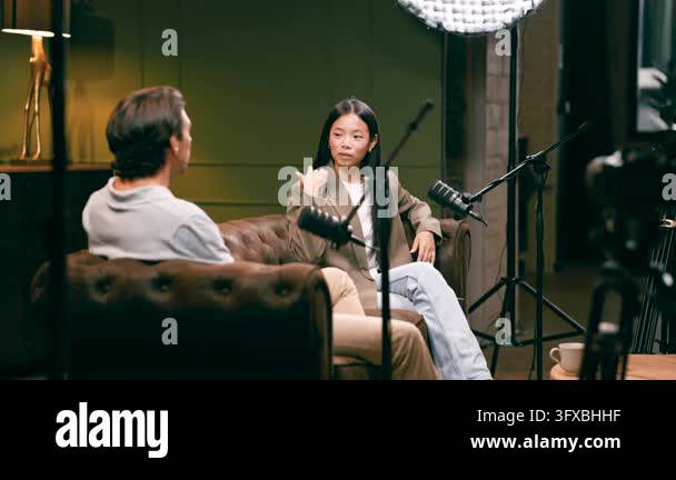 Interview Podcast Vector Young asian woman having an engaging conversation with a male host ...