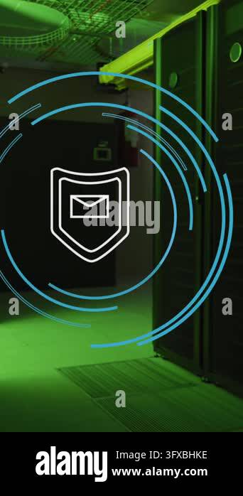 Animation of shield with envelope icon and circles over server room ...