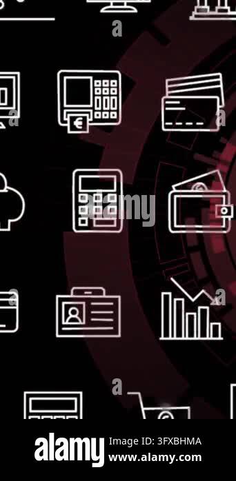 Animation of icons and data processing on black background. Global ...