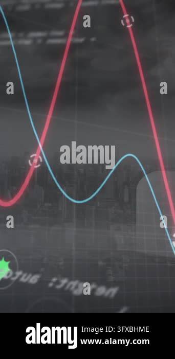 Animation of digital icons, data processing and glowing graphs against ...