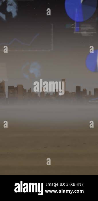 Animation of statistical data processing against view of cityscape ...