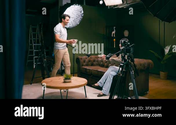 Interview Podcast Vector Man and a woman get ready for a podcast interview in a professional ...