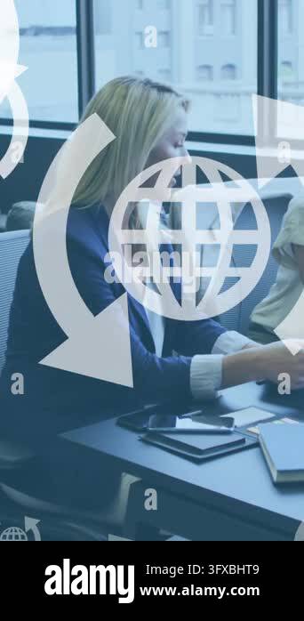 Animation of globe icons in arrows over diverse female coworkers ...