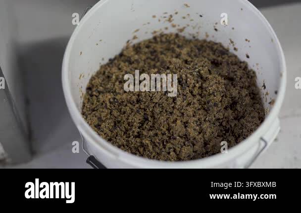 Close overhead view shows coarse brown organic material inside a white ...