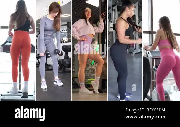 Different Female Exercise Five athletic women working out in a fitness center, performing ...