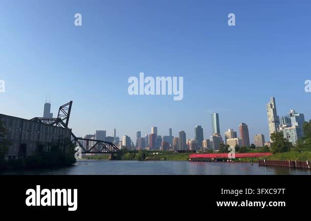 Iconic chicago skyline view from the river with a bird flying across ...