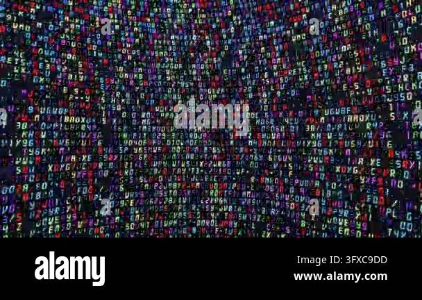 Endless stream of colorful letters and numbers moving in an abstract ...