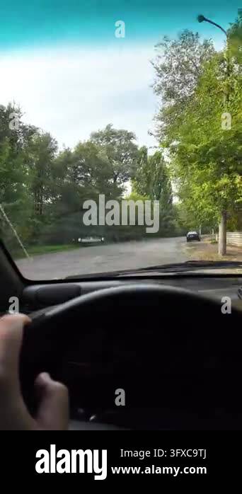 First-person POV walking along a narrow rural dirt road between garden ...