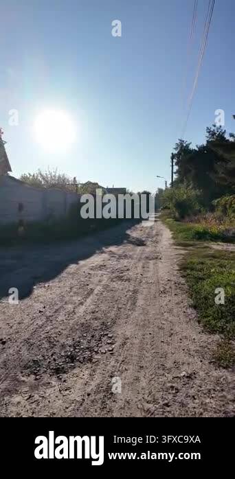 First-person POV walking along a narrow rural dirt road between garden ...