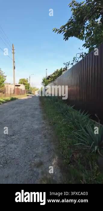 First-person POV walking along a narrow rural dirt road between garden ...