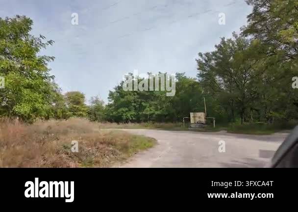 First-person POV walking along a narrow rural dirt road between garden ...