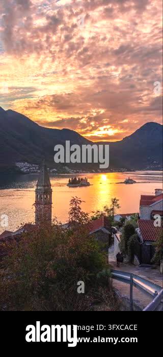 Sunset Time Frame Scenic sunset view of Perast town in Montenegro with Our Lady of the ...