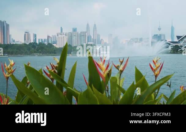 Modern Kuala Lumpur skyline rises beyond urban lake with tropical ...