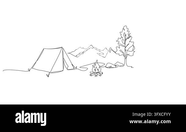 animated continuous line drawing of campsite with campfire and tent in ...