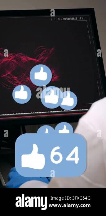 Animation of like icon floating over caucasian senior female scientist ...