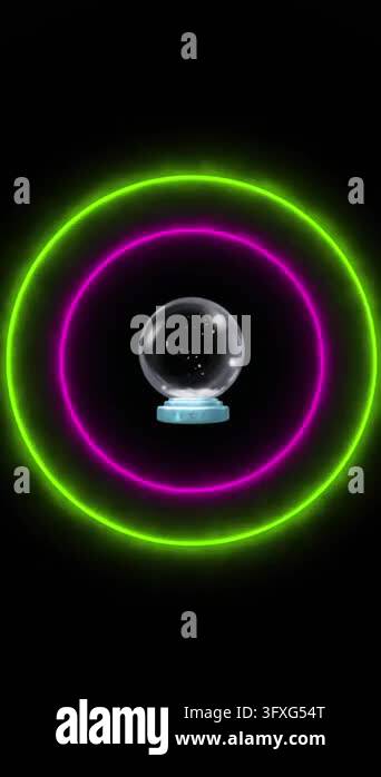 Snow Falling 4k Animation Animation of christmas snow globe with snow falling and neon circles on ...