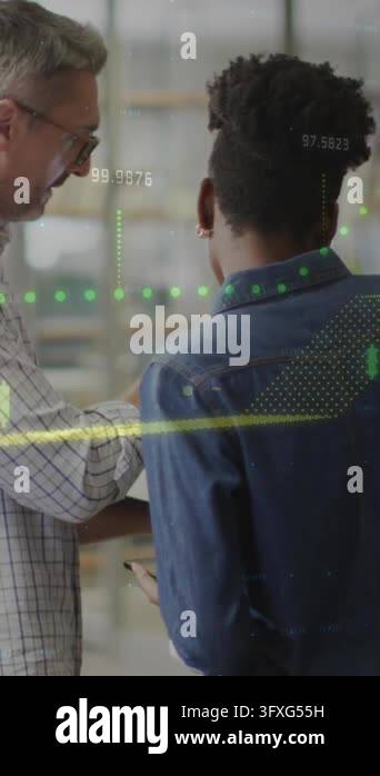 Animation of data processing over diverse business people in office ...