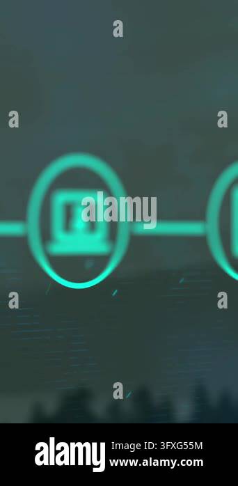Animation of network of digital icons against aerial view of tall ...