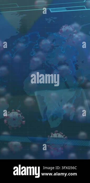 Animation of virus cells and world map over caucasian female surgeon in ...