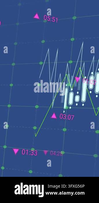 Animation of data processing over grid network against blue background ...