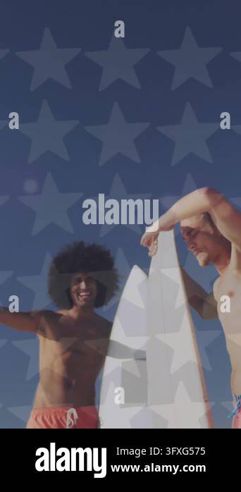 Animation of diverse friends on beach with surfboards and stars of flag ...