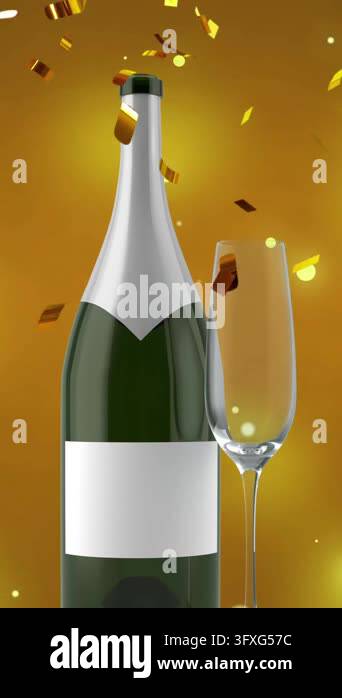 Animation of confetti falling over glass and bottle of champagne on ...