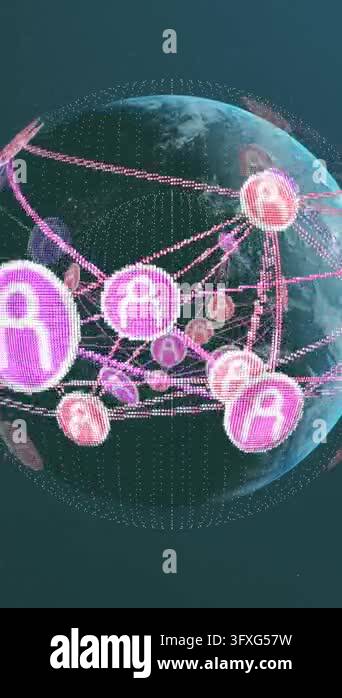Animation of network of profile icons over spinning globe against blue ...