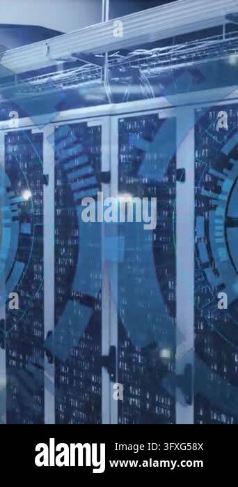 Animation of loading circles over binary codes on data server racks in ...