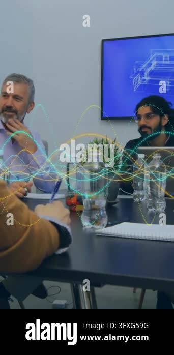 Animation of data processing against diverse colleagues discussing ...