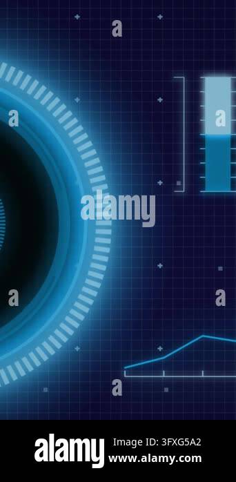 Animation of interface with neon round scanner and statistical data ...