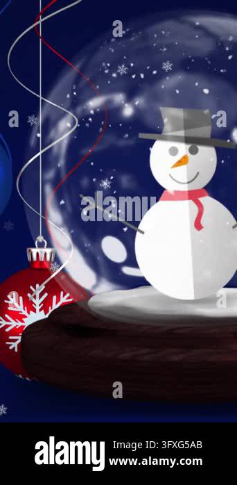 Snow Falling 4k Animation Animation of baubles, snow globe with snowman and snow falling on dark ...
