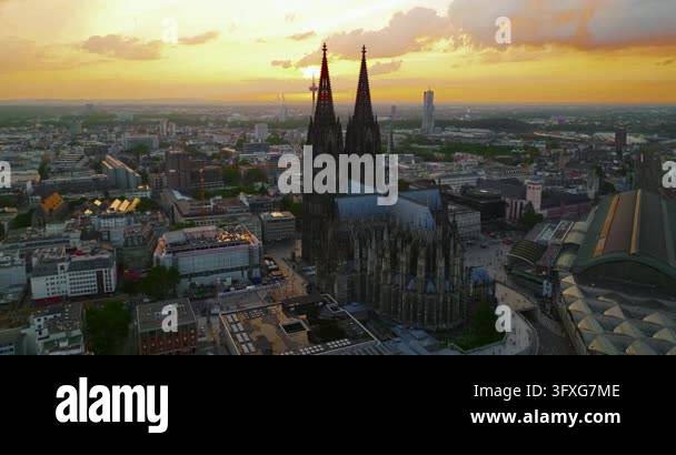 Aerial view of the city of Cologne, featuring Cologne Cathedral at a ...