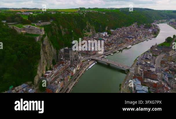 Meuse Feeder Rivers Aerial view of the beautiful, picturesque town of Dinant in Belgium ...