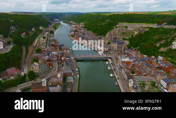Meuse Feeder Rivers Aerial view of the beautiful, picturesque town of Dinant in Belgium ...