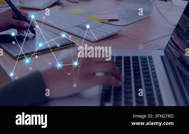 Woman using stylus and typing on laptop, initiating input and animating ...