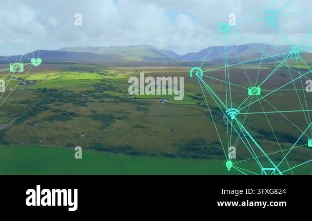 Turquoise wireframe network emerging from right, expanding and ...