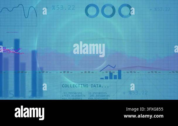 Frames sliding, blue-grid dashboard unfolding, pie filling, lines ...