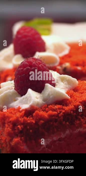 Fresh raspberry dessert slices are arranged in closeup. Cake with cream ...